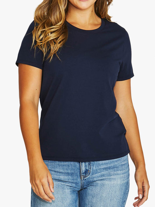 Image of a model wearing Tops. Product name - Jump Core Short Sleeve Tee in Ink colour by brand - Jump