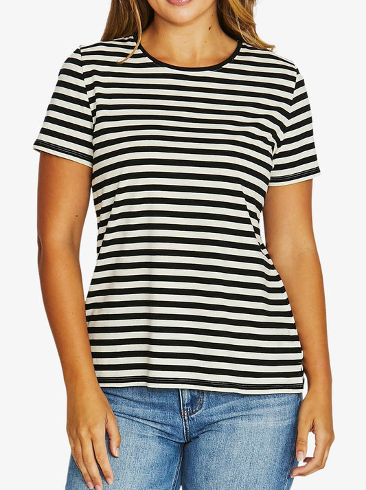 Image of a model wearing Tops. Product name - Jump Core Stripe Short Sleeve Tee in Black Ivory colour by brand - Jump