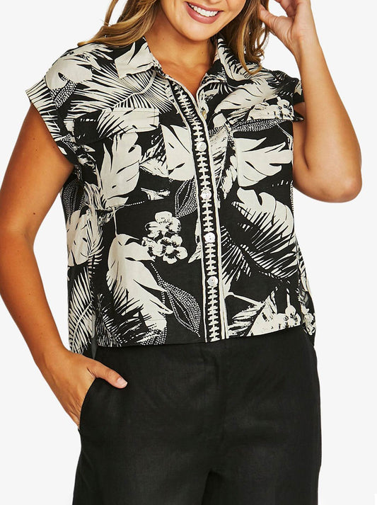 Image of a model wearing Tops. Product name - Jump Palm Island 2 Pocket Shirt in Black/Ecru colour by brand - Jump