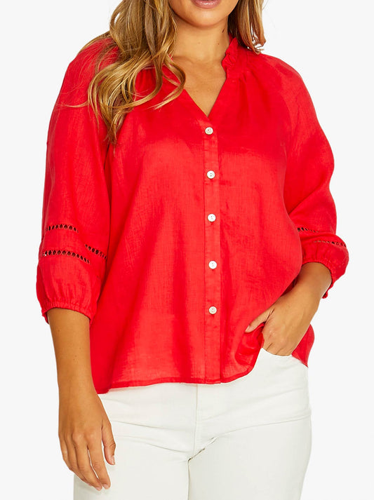 Image of a model wearing Tops. Product name - JUMP TRIM DETAIL TOP in Chilli colour by brand - Jump