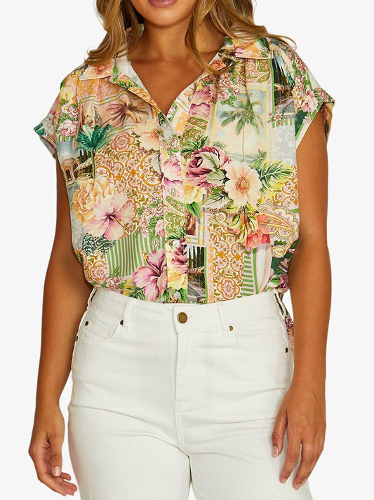 Image of a model wearing Tops. Product name - JUMP RESORT ROSES TOP in Multi colour by brand - Jump
