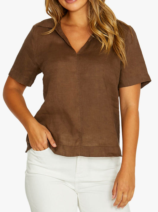 Image of a model wearing Tops. Product name - JUMP OPEN COLLAR SHORT SLEEVE TOP in Chocolate colour by brand - Jump