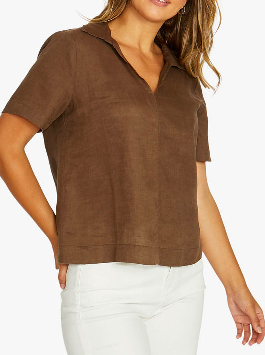 JUMP OPEN COLLAR SHORT SLEEVE TOP (Chocolate)