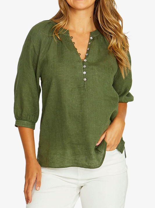 Image of a model wearing Tops. Product name - Jump Raglan Button Neck Top in Evergreen colour by brand - Jump
