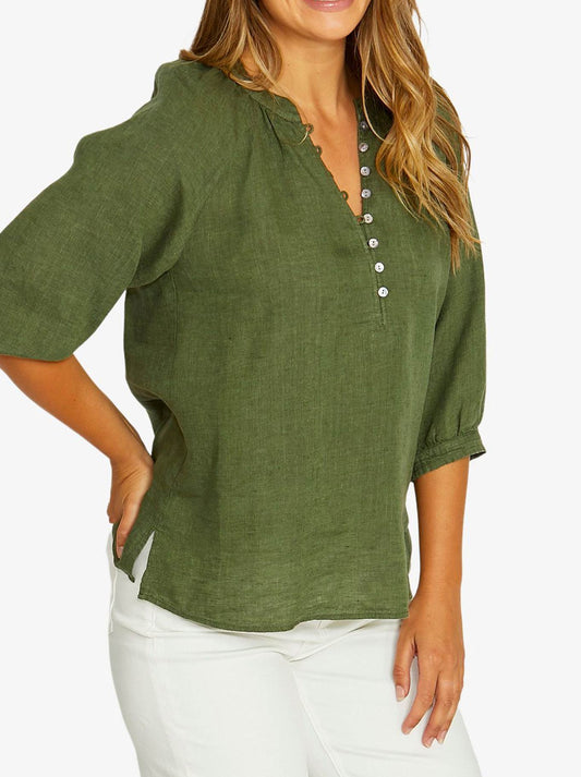 Jump Raglan Button Neck Top (Evergreen)
