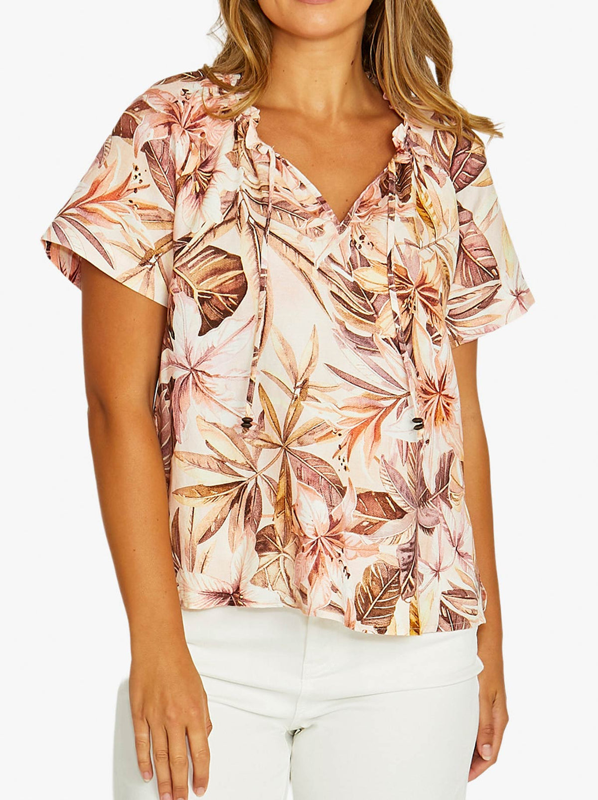 Image of a model wearing Tops. Product name - JUMP SUNKISSED TROPICAL TOP in Multi colour by brand - Jump