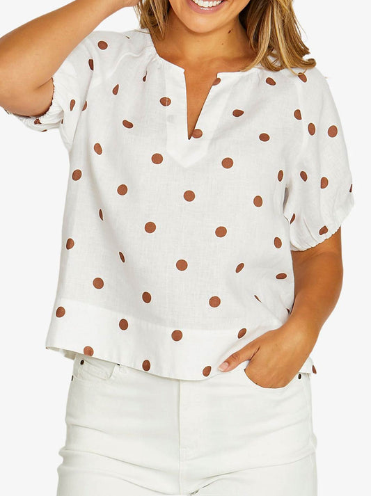 Image of a model wearing Tops. Product name - JUMP SPOT PRINT TOP in White Chestnut colour by brand - Jump
