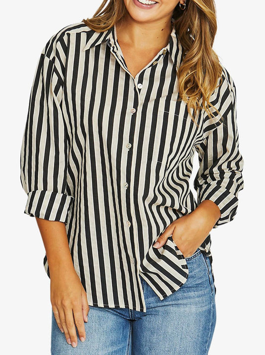Image of a model wearing Tops. Product name - Jump Ribbon Stripe Long Sleeve Shirt in Black/Ecru colour by brand - Jump
