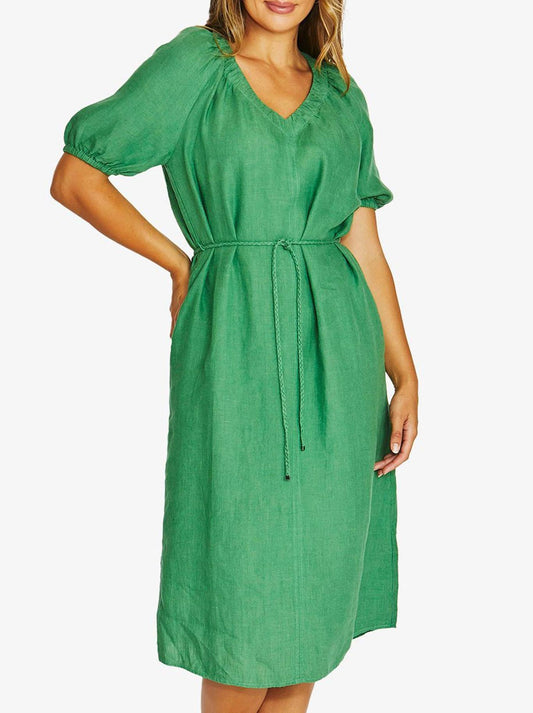 Image of Dresses. Product name - JUMP GATHER V NECK DRESS in Leaf colour by brand - Jump