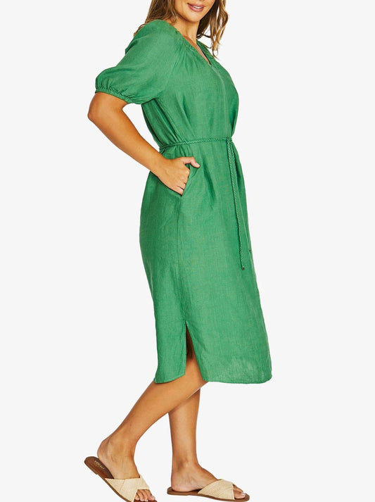 JUMP GATHER V NECK DRESS (Leaf)