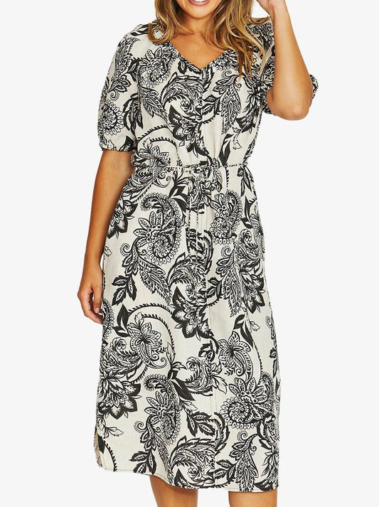 Image of Dresses. Product name - Jump Bohemia Short Sleeve Tie Dress in Black/Flax colour by brand - Jump