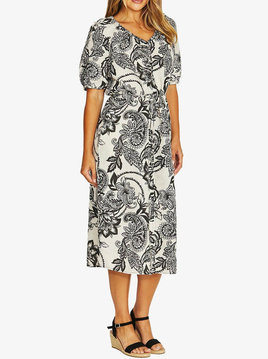 Jump Bohemia Short Sleeve Tie Dress (Black/Flax)