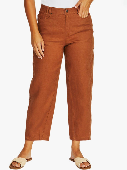 Image of Jeans. Product name - JUMP BARREL LEG LINEN JEAN in Chestnut colour by brand - Jump