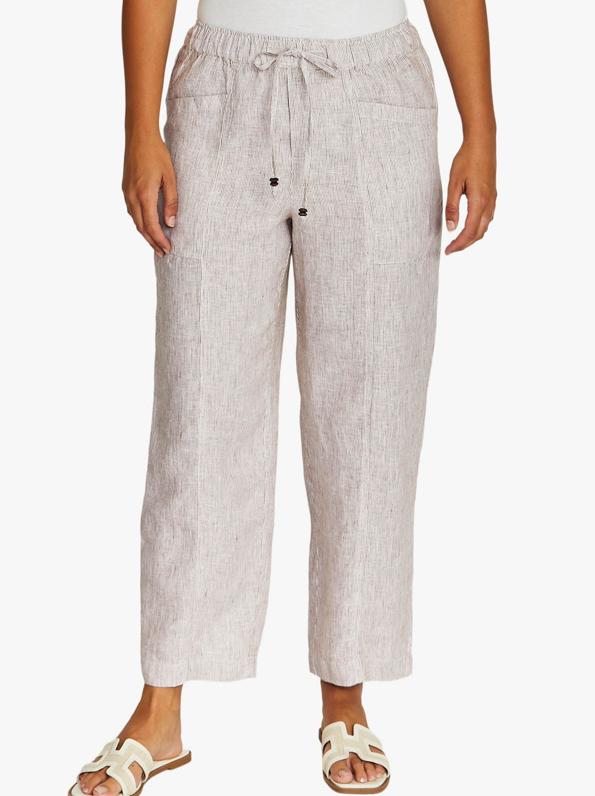 Image of a model wearing Pants. Product name - JUMP CORE STRIPE DRAWSTRING PANT in Chestnut/White colour by brand - Jump