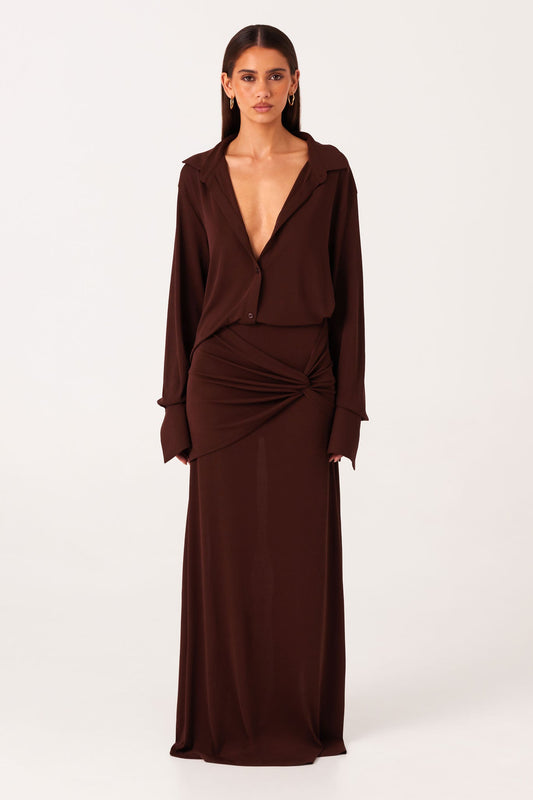 Image of a model wearing Tops. Productname: SNDYS KALEA SHIRT in Chocolate colour by brand - SNDYS