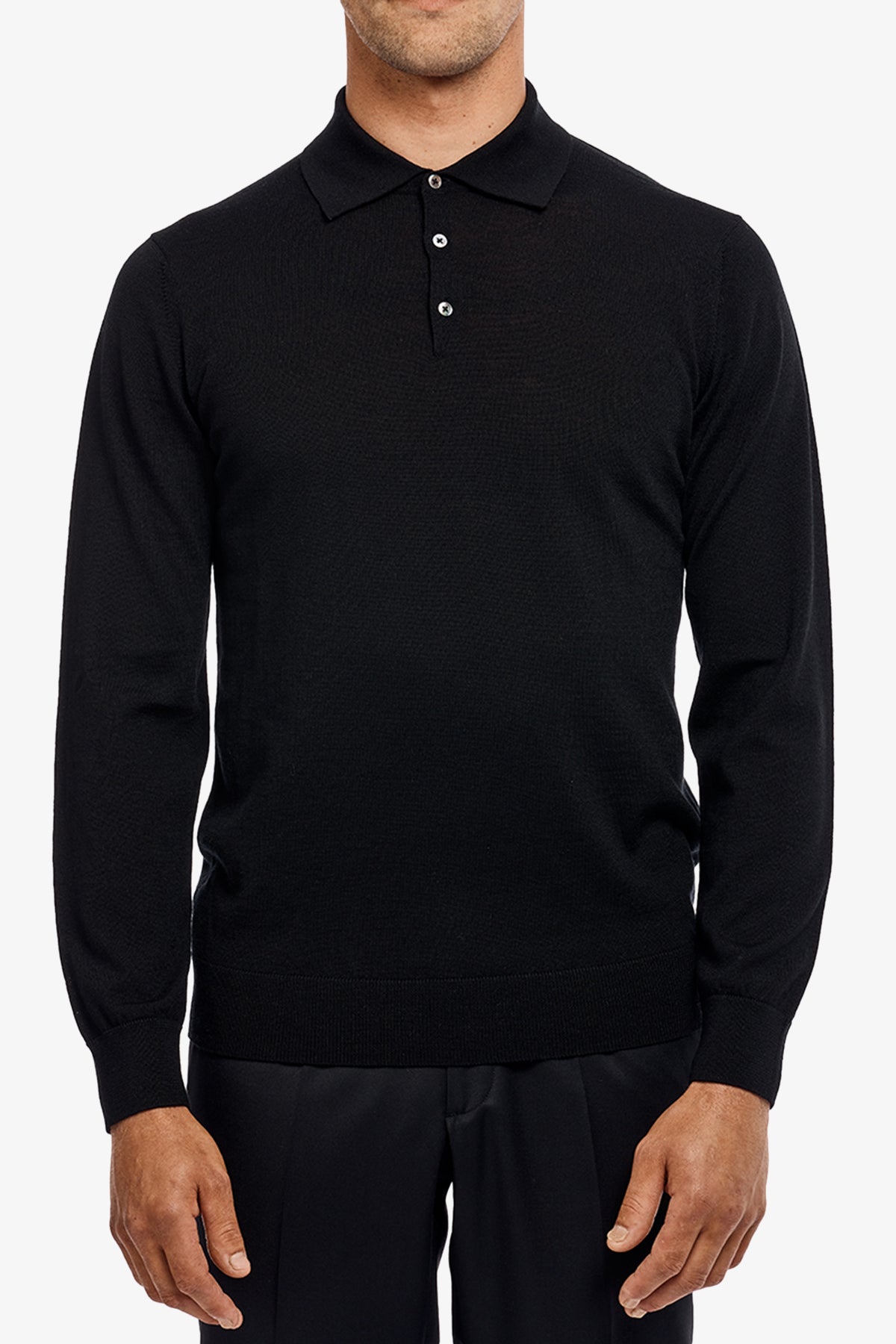 Image of a model wearing Tops. Product name - Kelvin Black L/S knit polo in Black colour by brand - Anthony Squires