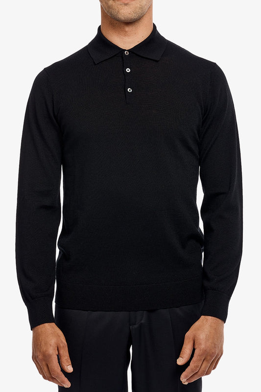 Image of a model wearing Tops. Product name - Kelvin Black L/S knit polo in Black colour by brand - Anthony Squires