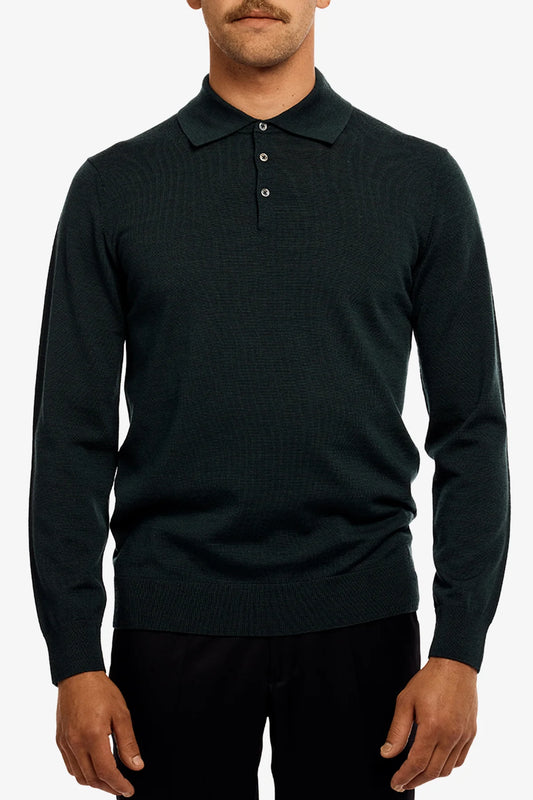 Image of a model wearing Tops. Product name - Kelvin Green Long Sleeve Knit Polo in Green colour by brand - Anthony Squires