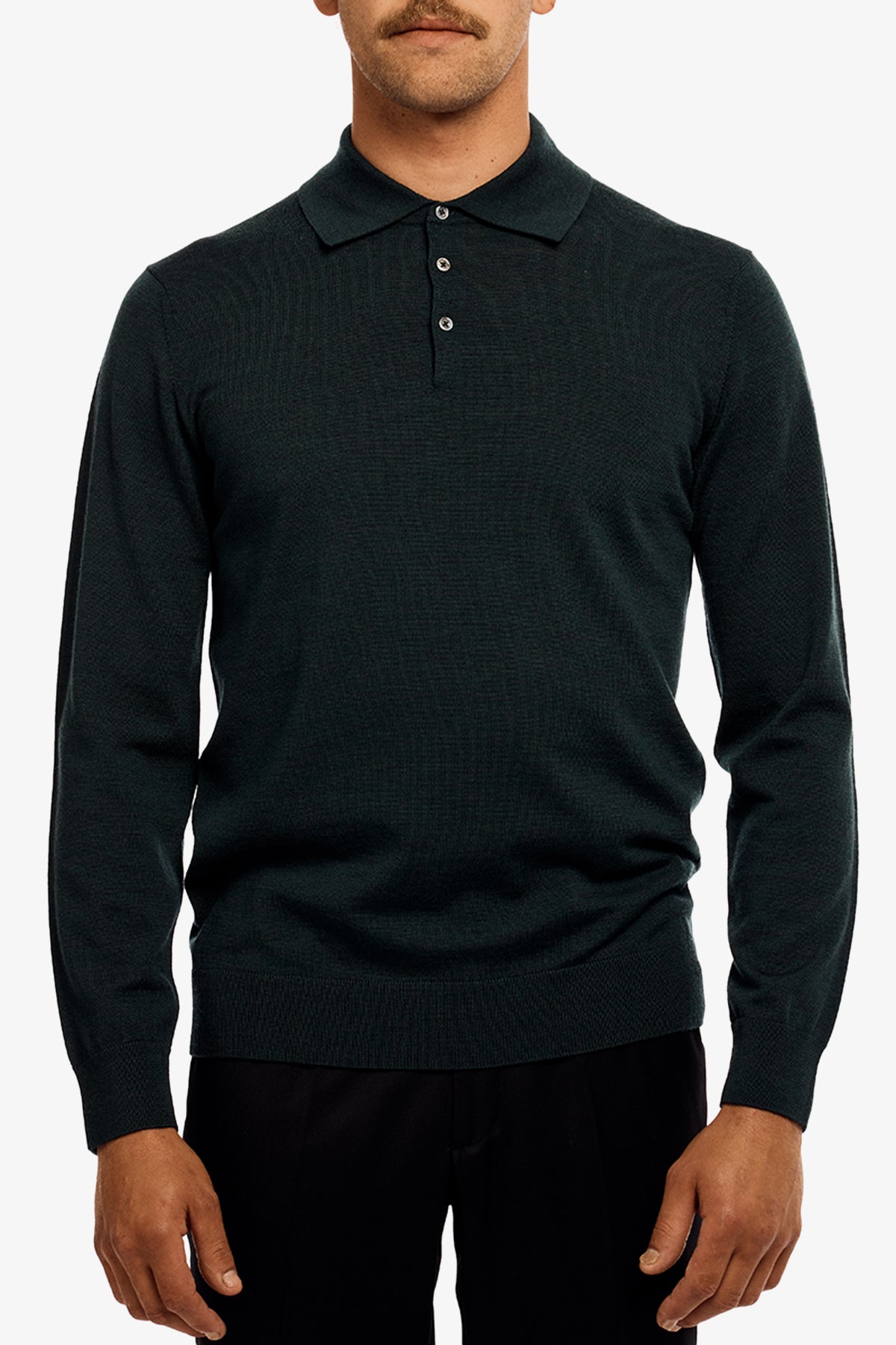 Image of a model wearing Tops. Product name - Kelvin Green Long Sleeve Knit Polo in Green colour by brand - Anthony Squires