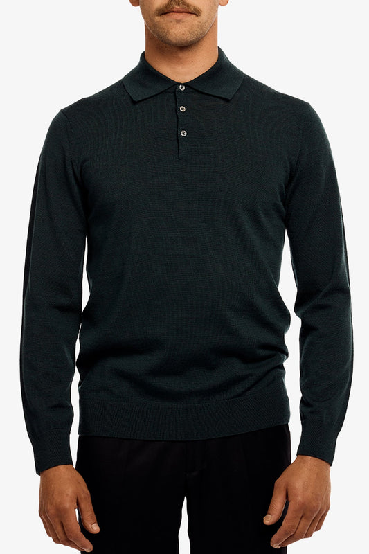 Image of a model wearing Tops. Productname: Kelvin Green Long Sleeve Knit Polo in Green colour by brand - Anthony Squires