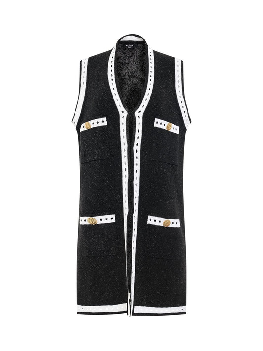 Image of a model wearing Outerwear. Productname: BALMAIN Sleeveless Lace Knit Long Cardigan in Black colour by brand - BALMAIN