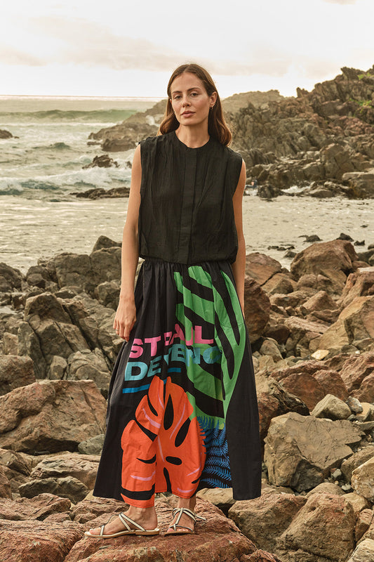 Image of a model wearing Skirts. Productname: Itami De Vence Skirt Black in Black colour by brand - Itami Division