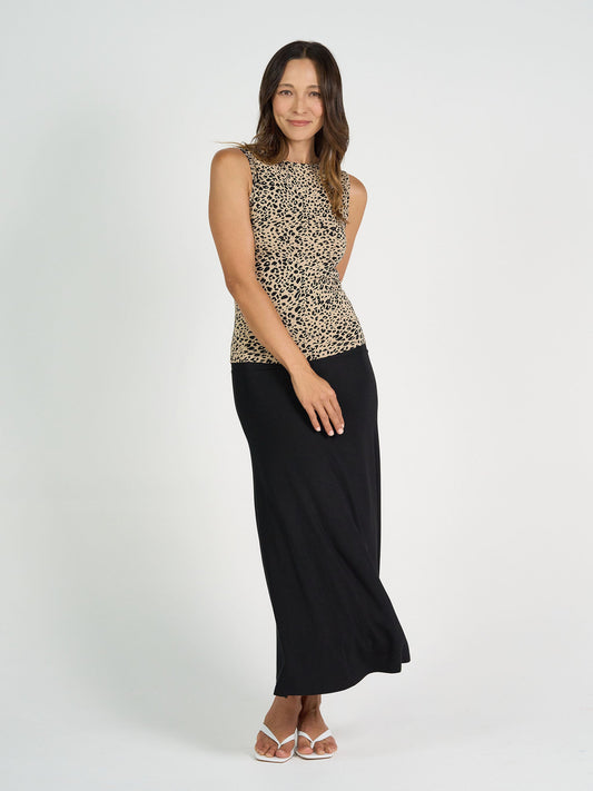 Image of a model wearing Tops. Product name - Kate Bamboo Tank Brown Leopard in Brown Leopard colour by brand - Lou Lou
