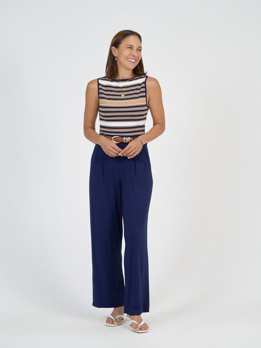 Image of a model wearing Tops. Product name - Kate Bamboo Tank Stripe in Stripe colour by brand - Lou Lou