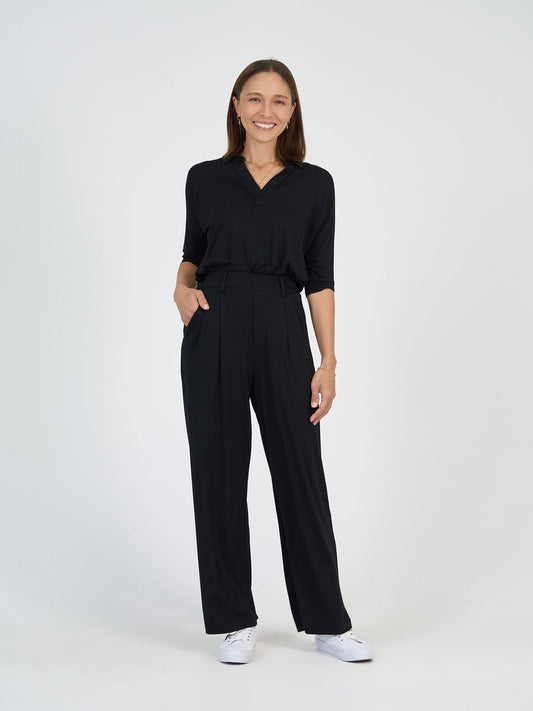 Lou Lou Khan Bamboo 3/4 Sleeve Collared Polo Top (Black)