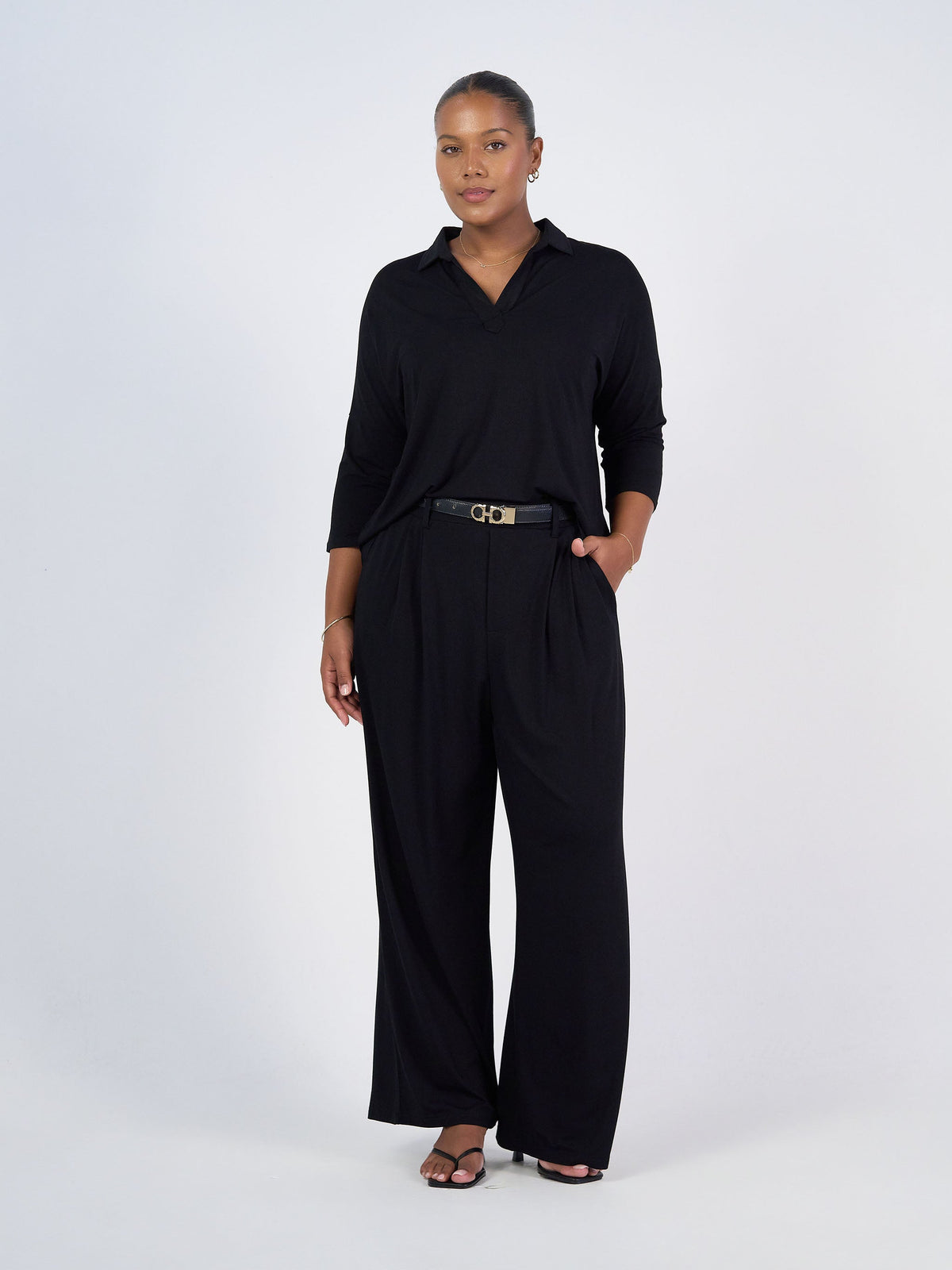Lou Lou Khan Bamboo 3/4 Sleeve Collared Polo Top (Black)
