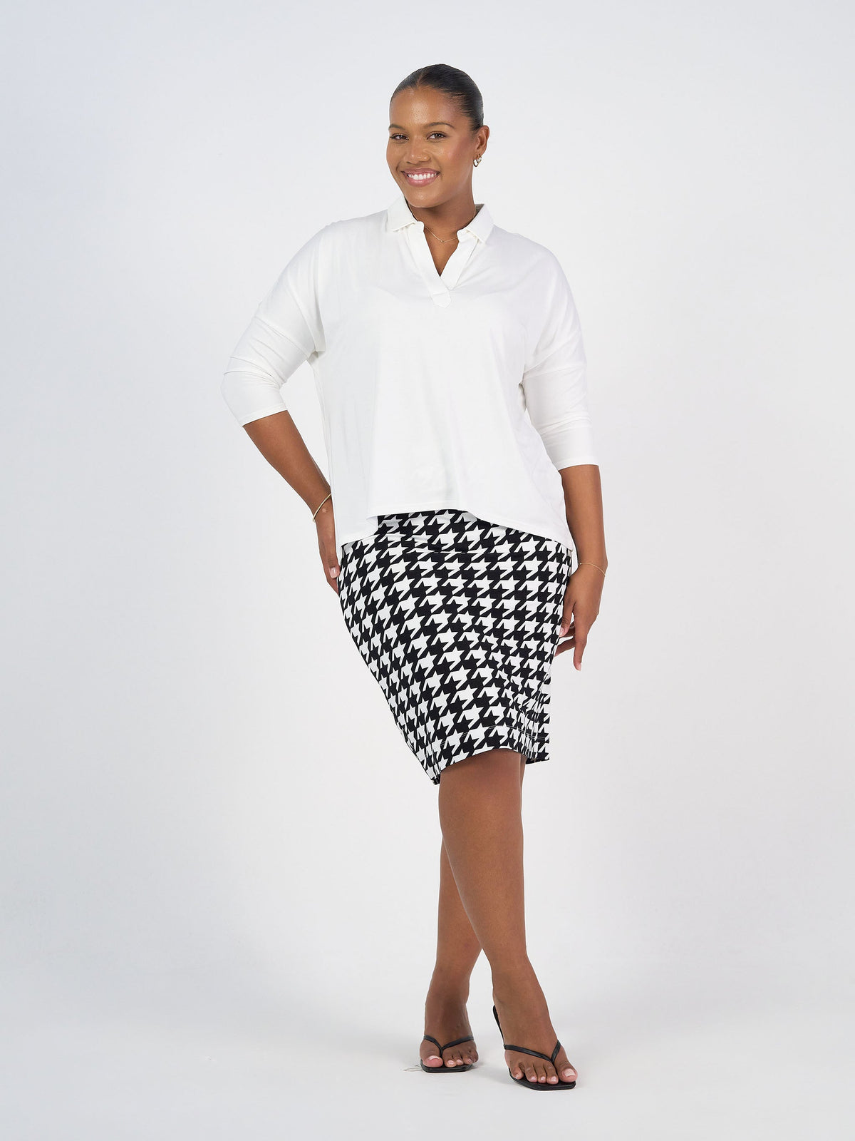 Lou Lou Khan Bamboo 3/4 Sleeve Collared Polo Top (Cream)