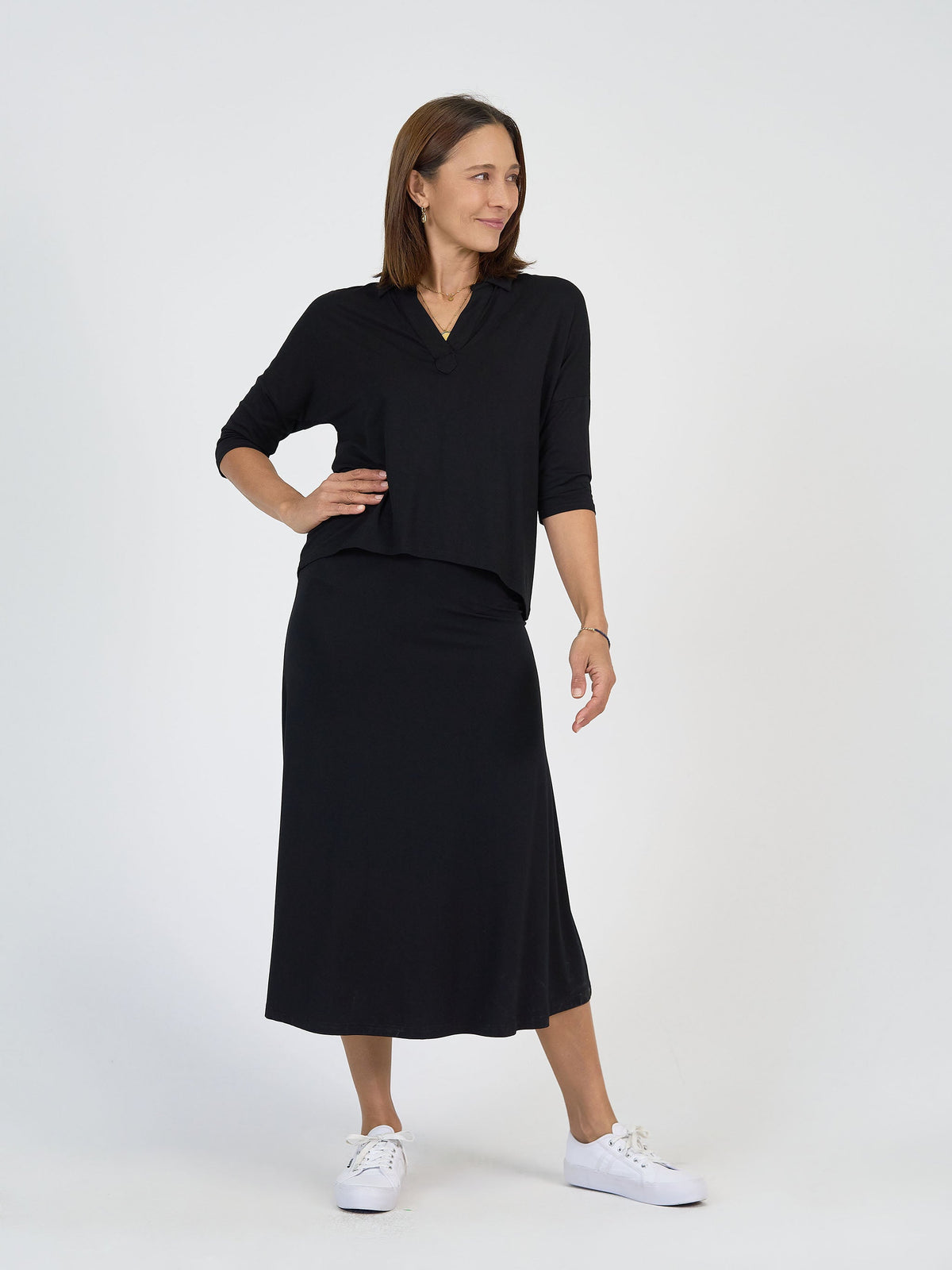 Lou Lou Khan Bamboo 3/4 Sleeve Collared Polo Top (Black)