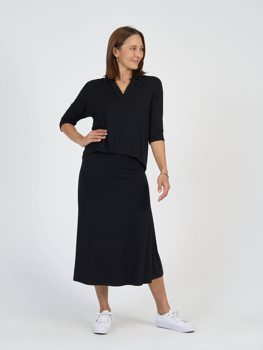 Lou Lou Khan Bamboo 3/4 Sleeve Collared Polo Top (Black)