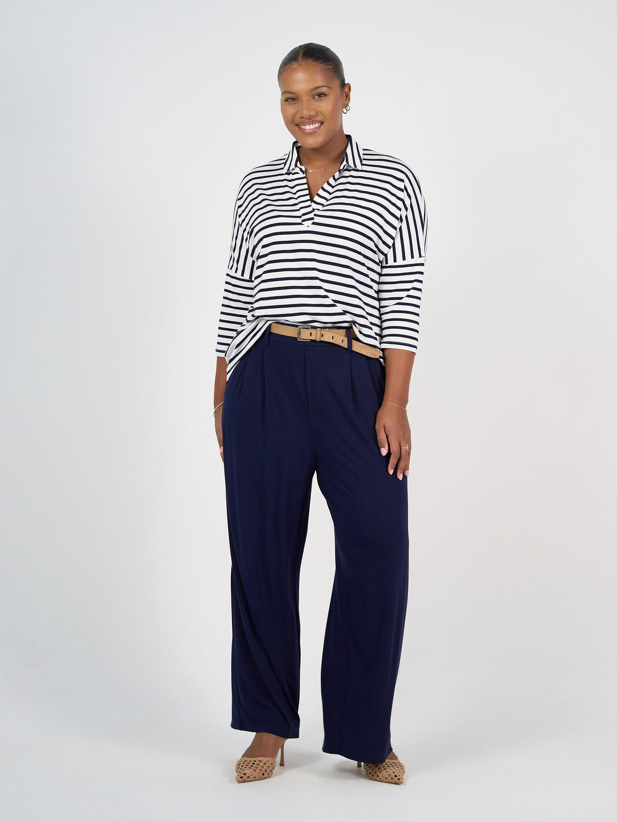 Lou Lou Khan Bamboo 3/4 Sleeve Collared Polo Top (Navy & White Stripe)