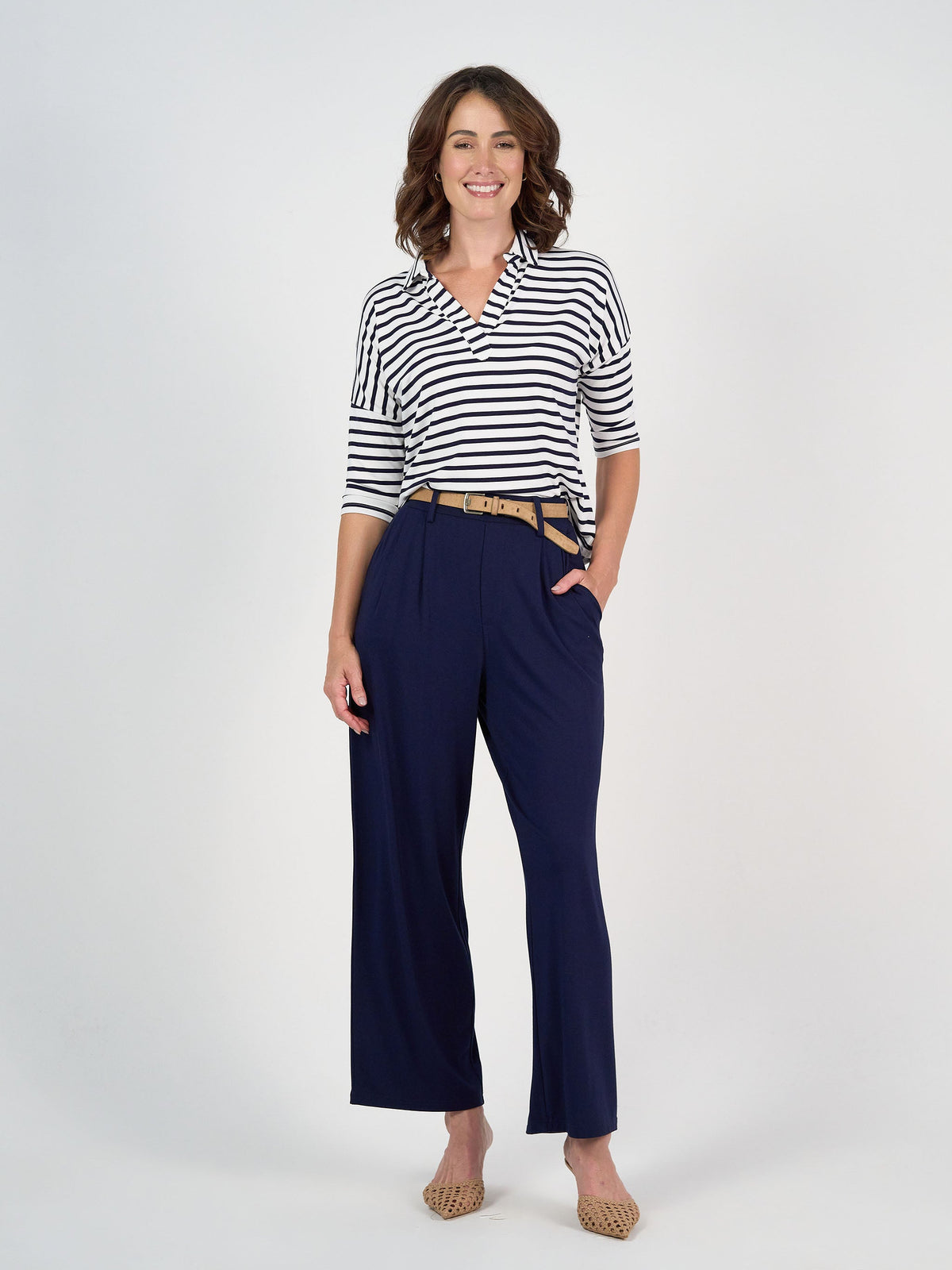 Lou Lou Khan Bamboo 3/4 Sleeve Collared Polo Top (Navy & White Stripe)