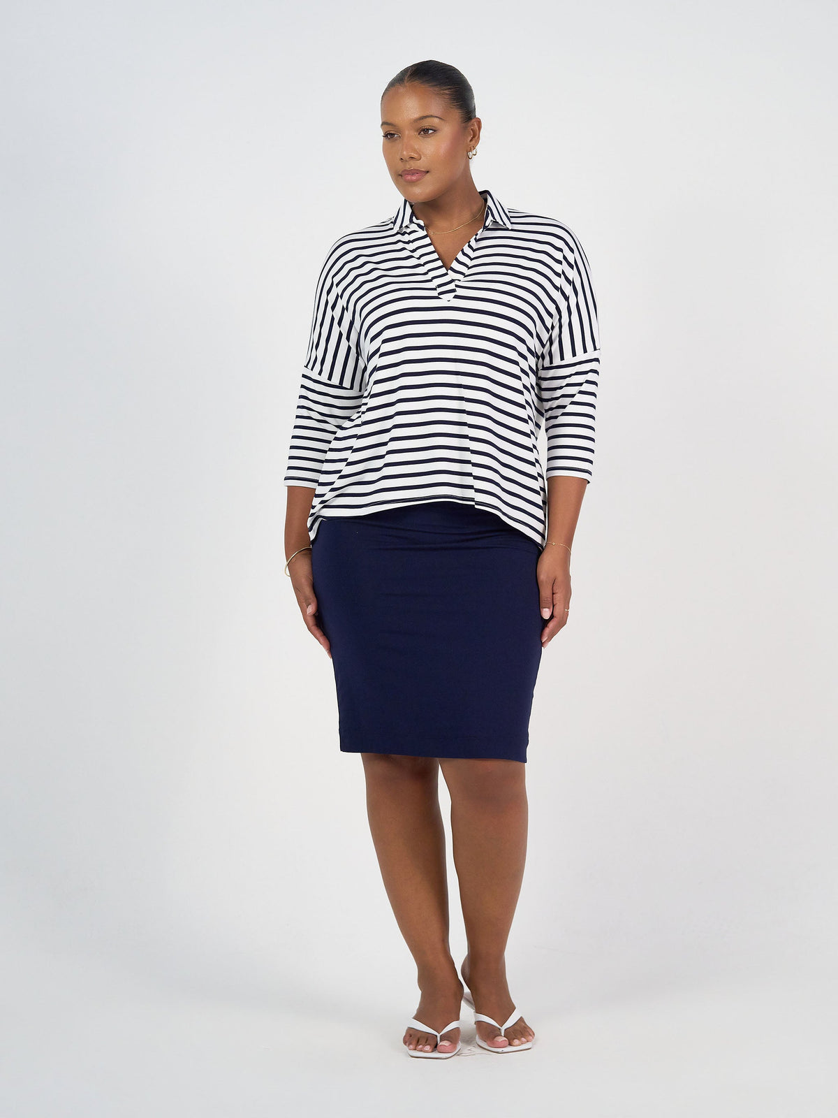 Lou Lou Khan Bamboo 3/4 Sleeve Collared Polo Top (Navy & White Stripe)
