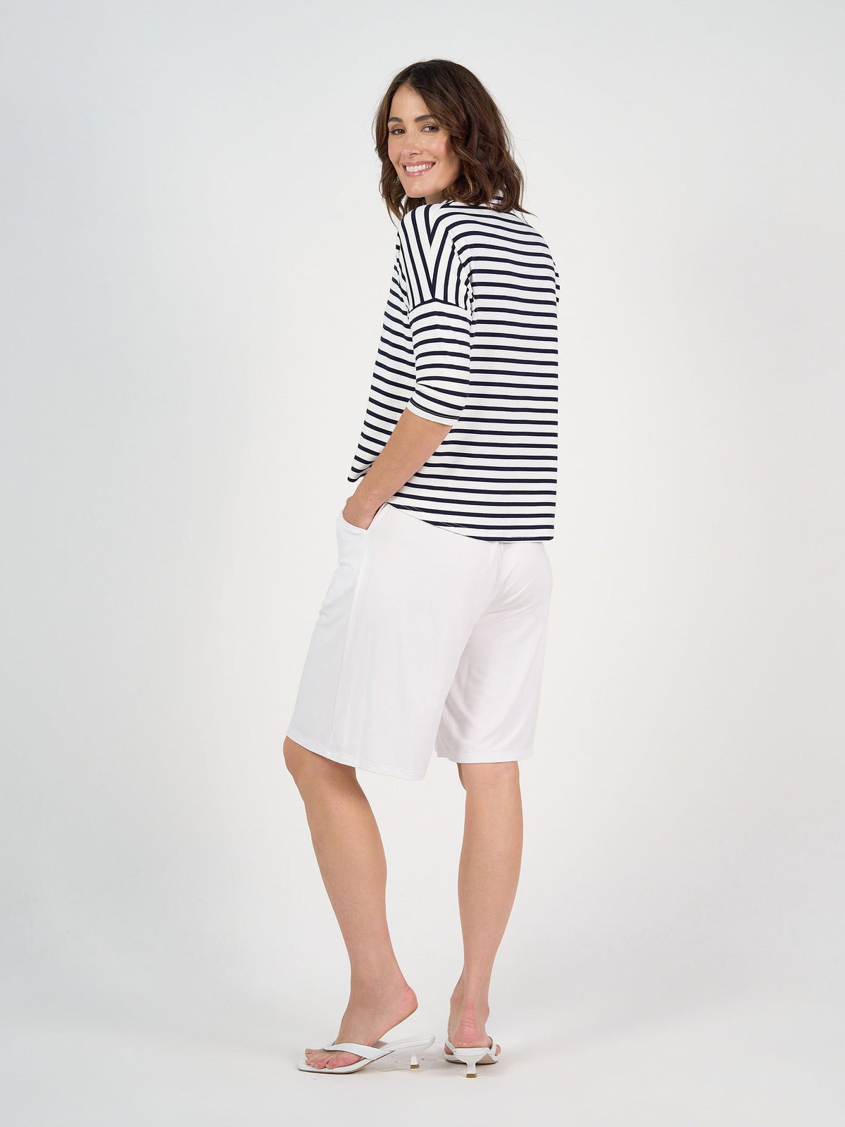 Lou Lou Khan Bamboo 3/4 Sleeve Collared Polo Top (Navy & White Stripe)