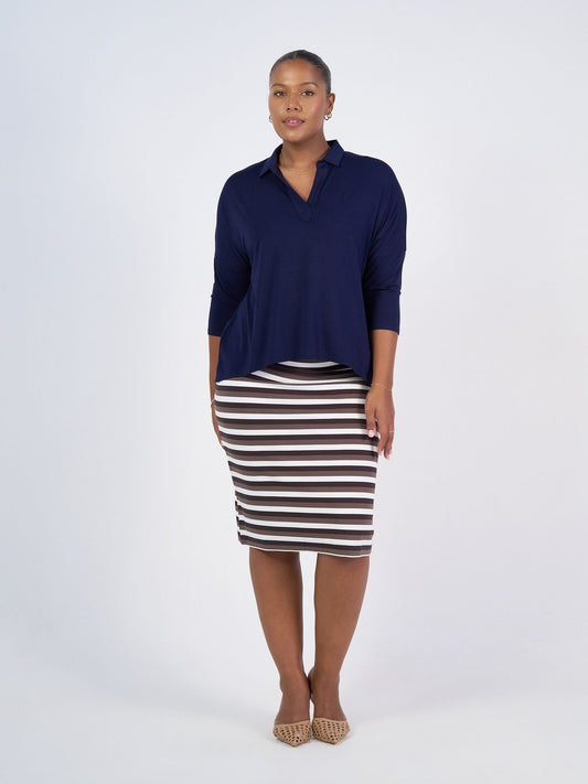 Lou Lou Khan Bamboo 3/4 Sleeve Collared Polo Top (Navy)
