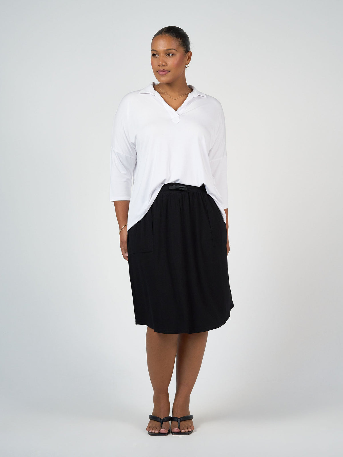 Lou Lou Khan Bamboo 3/4 Sleeve Collared Polo Top (White)