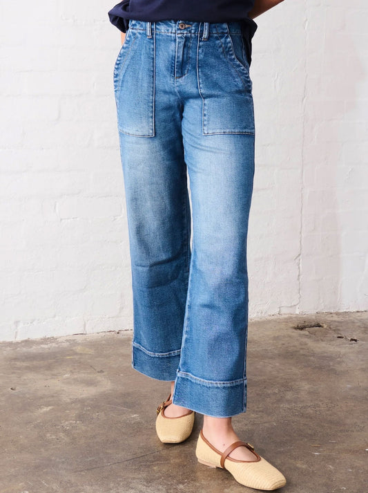 Image of a model wearing Pants. Productname: KIREINA CELESTE PANT in Dakota Wash colour by brand - Kireina