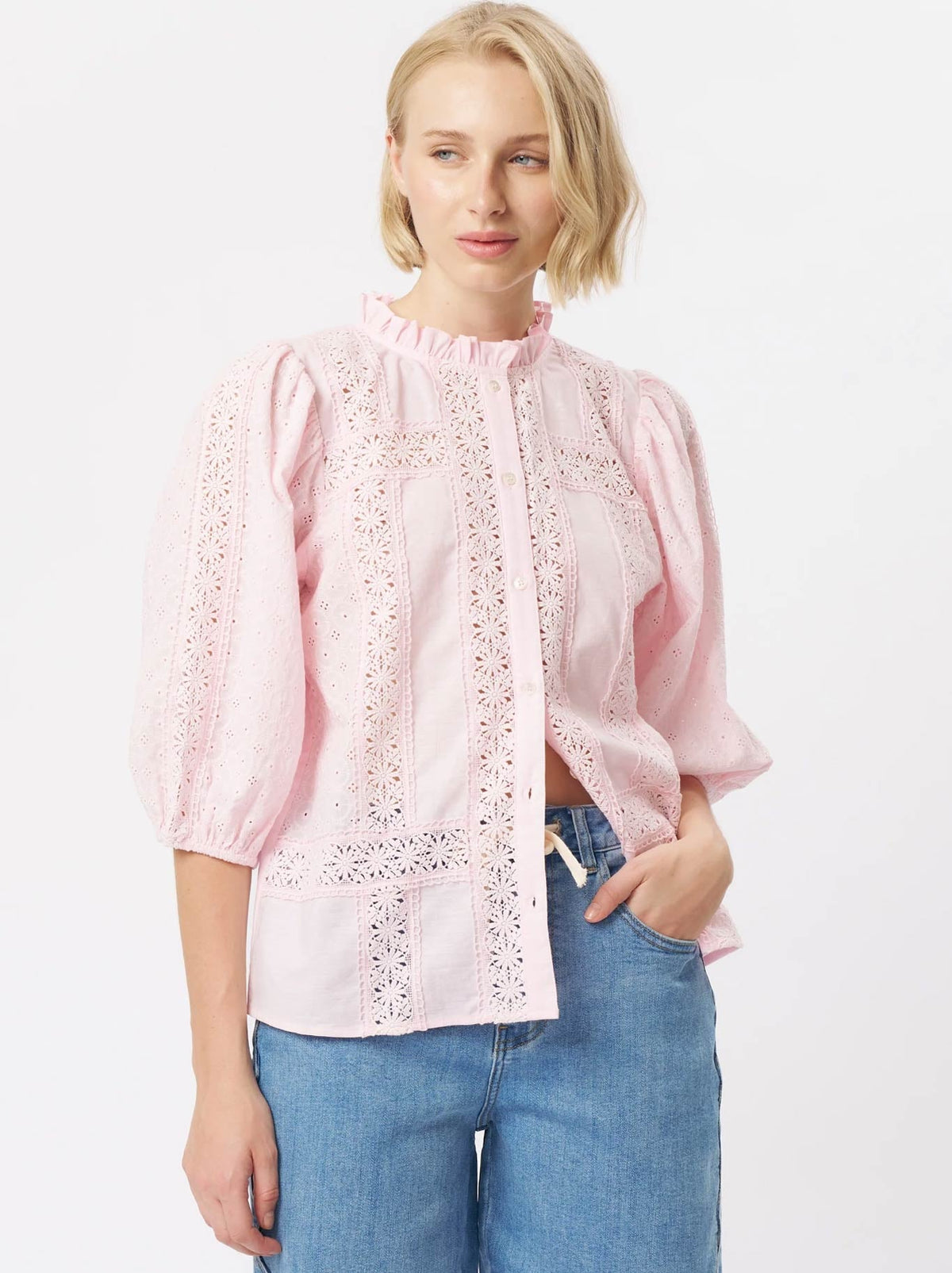 Image of a model wearing Tops. Product name - Kireina Isabella Shirt in Pink colour by brand - Kireina