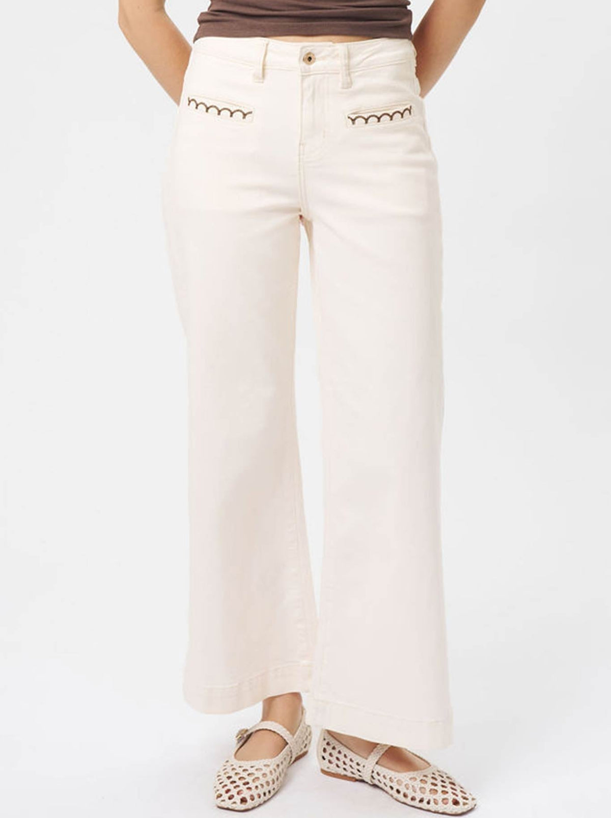 Image of Jeans. Product name - Kireina Scallop Pocket Freya Jean in Ecru colour by brand - Kireina