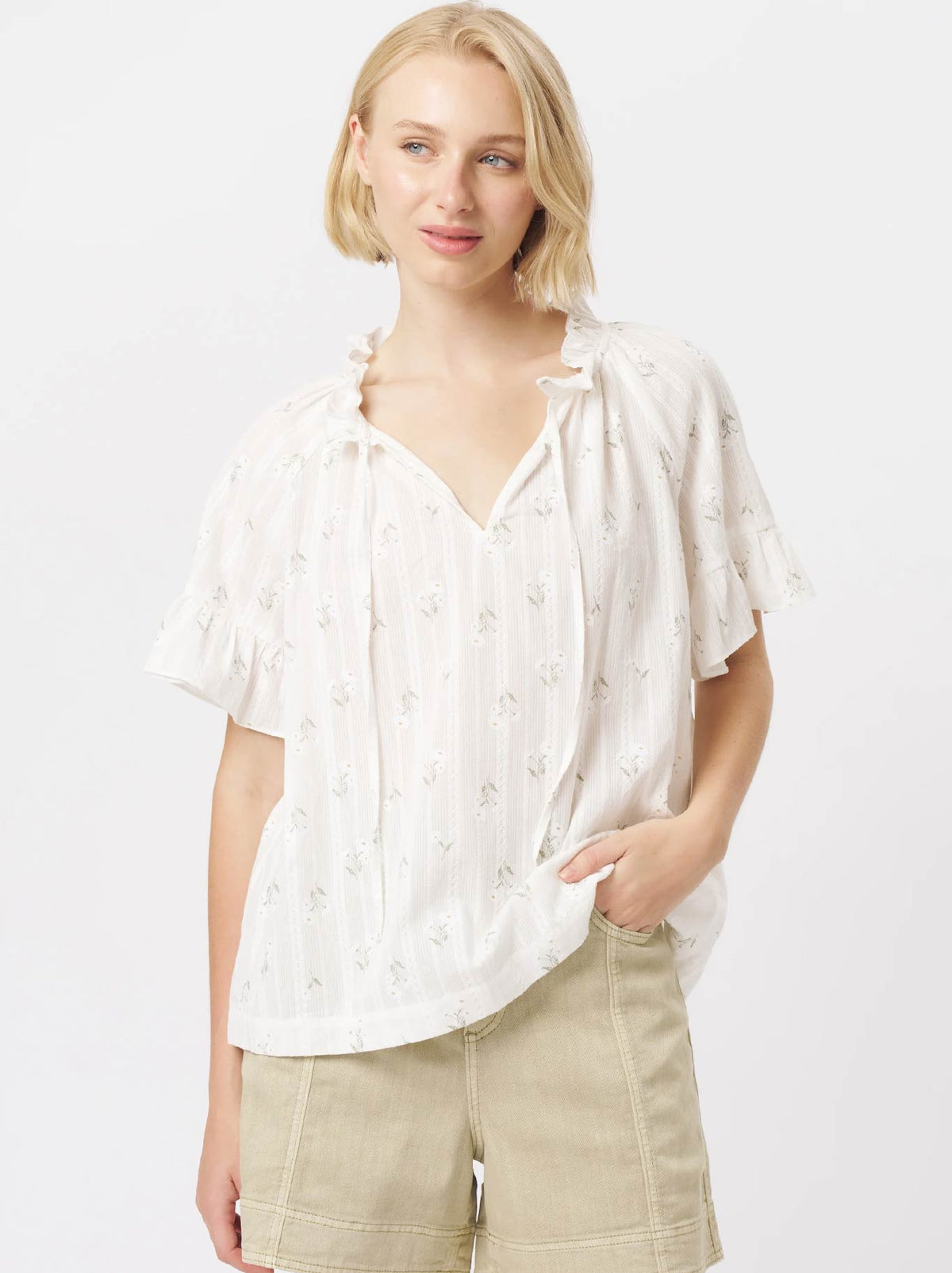 Image of a model wearing Tops. Product name - KIREINA PATRICIA SHIRT in White Green Flower colour by brand - Kireina
