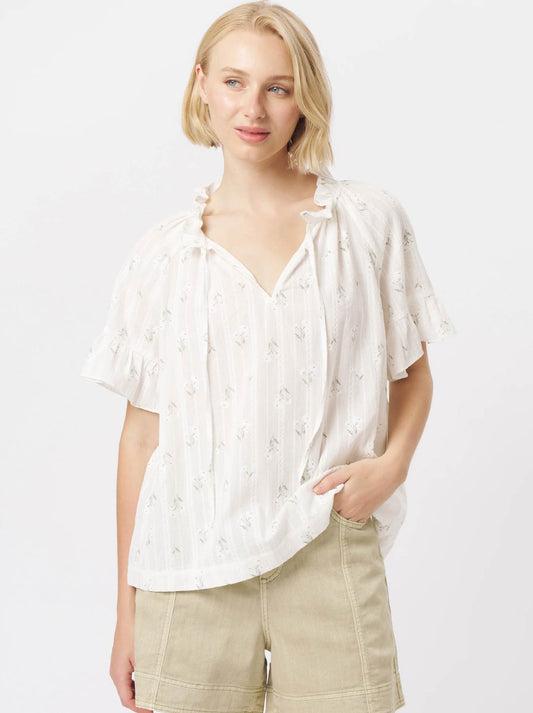 Image of a model wearing Tops. Product name - KIREINA PATRICIA SHIRT in White Green Flower colour by brand - Kireina