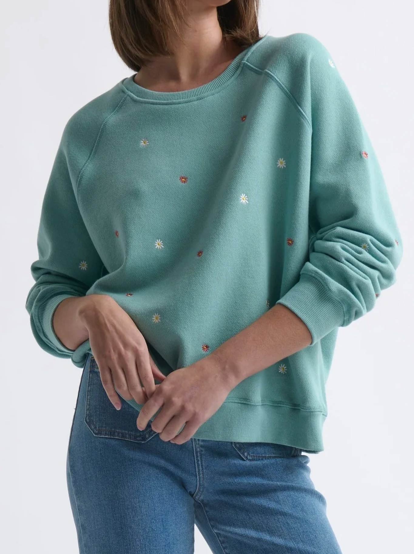 Image of a model wearing Outerwear. Productname: KIREINA PATTI SWEATSHIRT in Mint colour by brand - Kireina