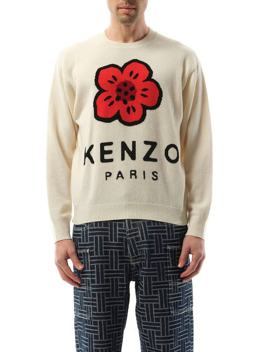 Image of a model wearing Outerwear. Product name - Knit Boke Flower Placed Sweater in White colour by brand - KENZO