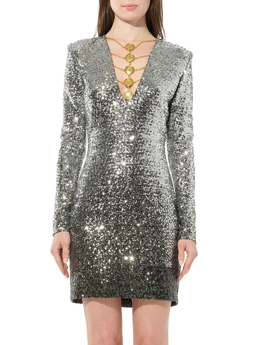 Image of a model wearing Dress. Productname: BALMAIN Knit Dress Const in Silver colour by brand - BALMAIN