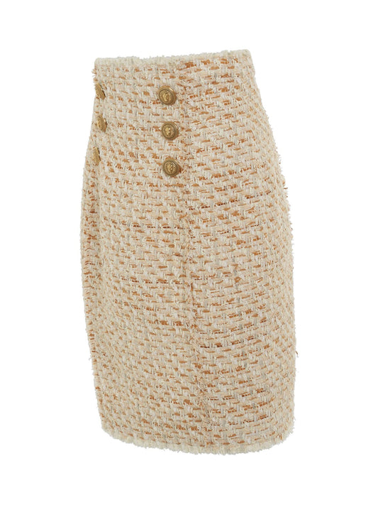 BALMAIN High Waisted 6 Button Tweed Short Skirt (Multi Beige)