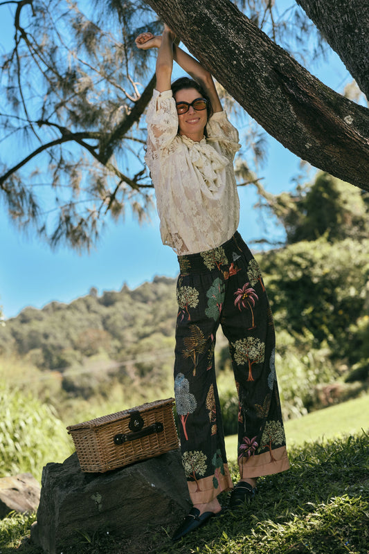 Image of a model wearing Pants. Product name - LulaLife Wanda Pant Espresso in Espresso colour by brand - LulaLife