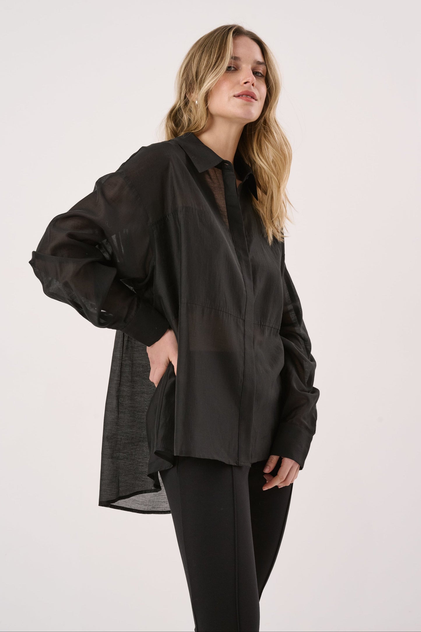 Image of Blouses. Product name - Val Oversized Shirt in Black colour by brand - Sass Clothing